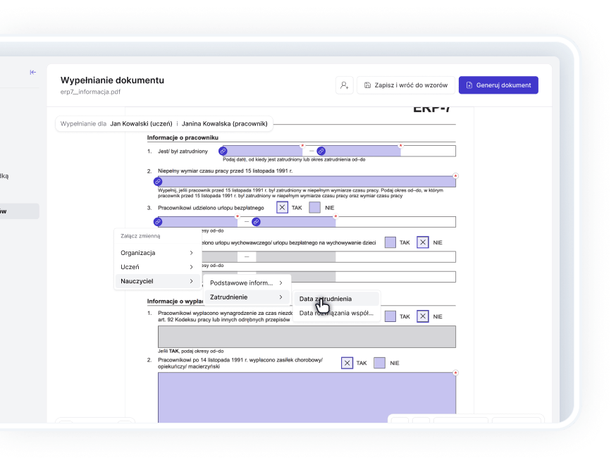 Automatycznie uzupełniaj wzory danymi firmy, pracowników czy współpracowników